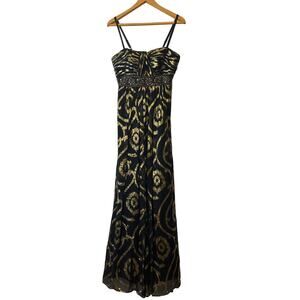 Oleg Cassini Black & Gold Silk Blend Maxi Dress with Beaded Waist Size 4
